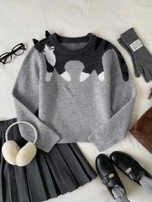 Comfortcana Women's Cute Korean Style Cat Jacquard Long Sleeve Sweater - Grey - View 5