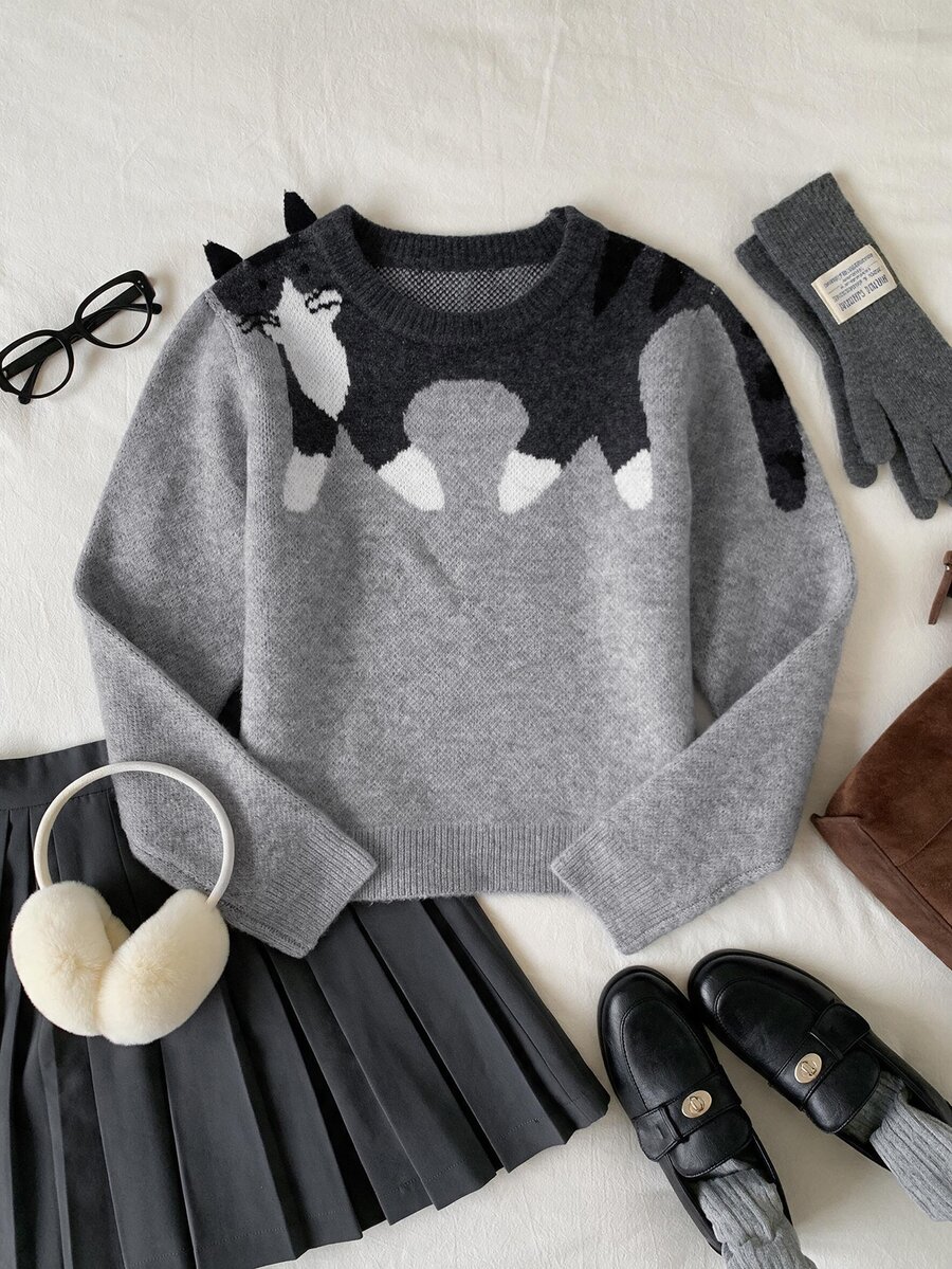 Comfortcana Women's Cute Korean Style Cat Jacquard Long Sleeve Sweater - Grey - View 1