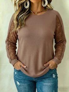 Glimmora Kaos Ukuran Besar Gaya Retro Kasual Dasar, Kain Waffle Bertekstur Warna Khaki Gelap, Leher Bulat, Lengan Panjang, dan Renda Kontras Warna Senada - Coffee Brown - View 3