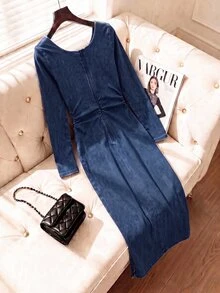 SHEIN MOD Women's Square Neck Long Sleeve Ruched Fitted Elegant Denim Dress - Dark Wash - View 2
