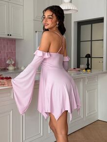 SweetSlumber Sweet Romantic Asymmetrical Off-Shoulder Ruched A-Line Frill Trim Women's Nightgown - Pink - View 3