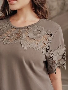 Anewsta Women's Short Sleeve T-Shirt With Hollow Lace Patchwork On Chest And Sleeves, Knit Fabric, Casual Commute Plus Size Tee - Brown - View 2