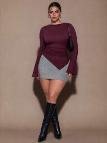 SHEIN BAE CURVE Atasan Kasual Sehari-hari Serbaguna untuk Wanita Ukuran Plus Warna Polos dengan Detail Kerut dan Potongan Pas Badan - Burgundy - View 2