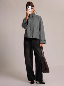 SHEIN BAE 女款全印花立領休閒日常長袖夾克 - 黑色 - 查看 5