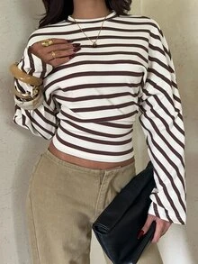 Aloruh 女款秋冬休閒寬鬆條紋T恤 - 彩色 - 查看 5