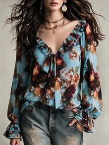 Linhara CURVE Casual Daily Street Vacation Ruffle Hem Random Print Women Plus Size Shirt - Multicolor - View 1