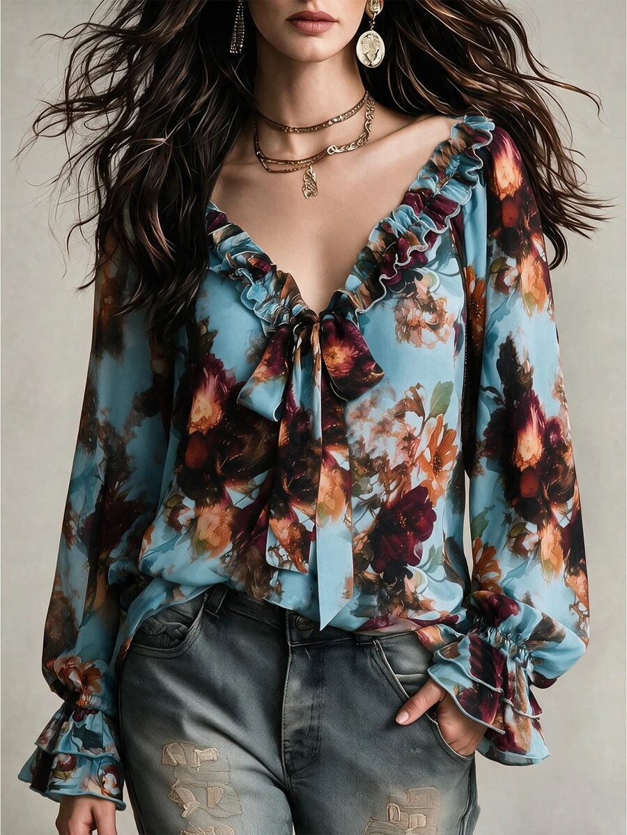 Linhara CURVE Casual Daily Street Vacation Ruffle Hem Random Print Women Plus Size Shirt - Multicolor - View 1