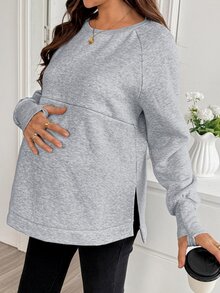 SHEIN Maternity Solid Color Round Neck Raglan Long Sleeve Casual Nursing Sweatshirt Winter - Grey - View 5