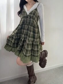 DAZY 青少年女孩格紋百褶休閒日常外出細肩帶上衣 - 綠色 - 查看 6