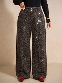 SHEIN MOD Plus Size Women's Leopard Print Casual Daily Wide Leg Denim Jeans - Brown - View 3