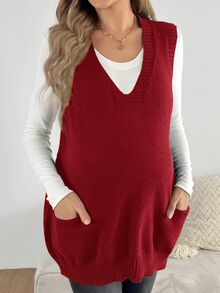 SHEIN Maternity Minimalist Versatile Pocket Knit Vest Cardigan - Red - View 3
