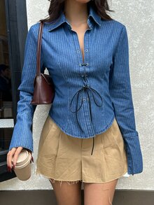 Rivivi Women's Striped Casual Daily Denim Top - Blue - View 4