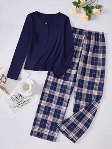 1 Set Girls' Plaid Pajama Set, Navy Blue Solid Color Half-Button Top, Blue & White Classic Plaid Print Pants, Soft Skin-Friendly Woven Fabric, Smooth Drape Comfortable (1 Set Sold Separately) - Multicolor - View 9