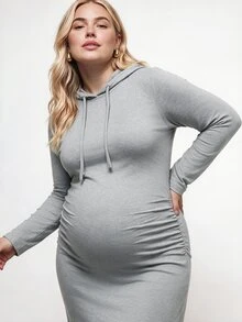 Plussiva 大尺碼孕婦純色長袖側開衩抽繩連帽洋裝 秋季 - 巧克力棕 - 查看 6