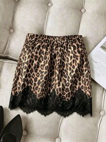 Franclia Sexy Leopard Print Plus Size Mini Skirt, High Waist Side Ruched Asymmetrical Slit Lash Lace Bodycon Skirt, Leopard Print Plus Size Skirt - Brown - View 2