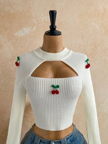 Soleia Women's Small Cherry 3D Embroidered Bell Sleeve Cropped Sweater - Multicolor - View 4