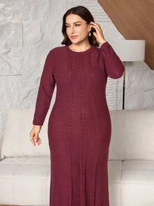 Lacomfia Plus Size Twisted Knit Elegant Minimalist Polar Fleece Dress - Burgundy - View 3