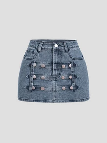 SHEIN MOD 女款街頭風鈕扣口袋牛仔迷你裙 - 藍色 - 查看 2