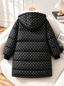 SHEIN 1件女童波點印花抓絨內裡連帽加厚外套，冬季中長款加厚防寒外套，雙層保暖+抓絨內裡，連帽+緊口袖口有效防風，兼具功能與時尚，冬季高出片率 - 黑與白 - 查看 2