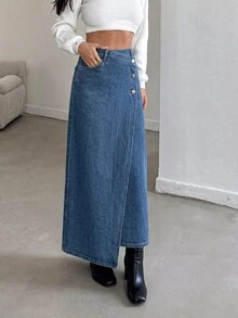 SHEIN MOD Women's Street Style Asymmetrical Waist Button Slit Denim Skirt - Light Wash - View 4