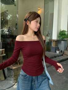 DAZY 女款方領修身性感風 T恤 - 酒紅色 - 查看 6
