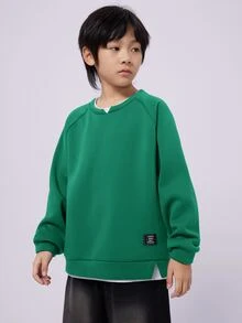 SHEIN 兒童青少年男孩休閒日常百搭舒適拼接撞色2合1圓領寬鬆套頭長袖針織衛衣，適合通勤上學、日常休閒、度假旅行、運動，秋冬季節適用 - 綠色 - 查看 4
