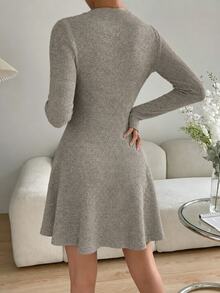 SHEIN Unity Autumn/Winter Semi-High Neck Fleece Ribbed Soft Knit Dress Women Long Sleeve Cinched Waist Flared Hem Elastic Short Dress Layering Inner Wear Casual Daily Commute Date - Mocha Brown - View 2