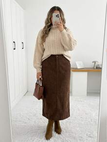 SHEIN Essnce Women's Plus-Size Brown Corduroy Skirt – Stylish, Casual, Comfortable, And Versatile For Autumn/Winter,Bottom,Fall Outfits,Simple Style Office Skirt - Brown - View 7