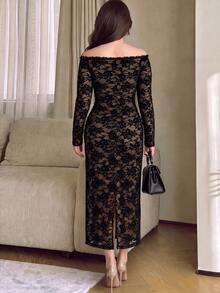 Modelyn Plus Size Off Shoulder Sheer Lace Dress - Black - View 2