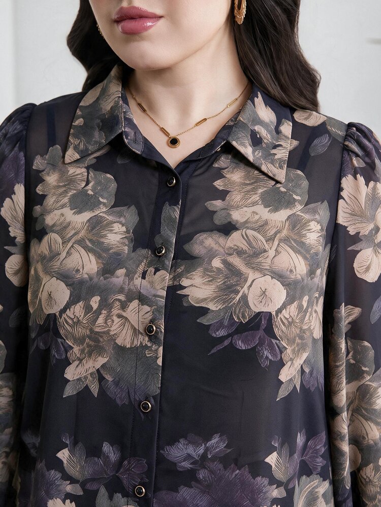 Modelyn 大尺碼花卉印花鈕扣長袖襯衫，適合度假穿著 - 彩色 - 查看 4