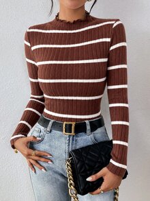 SHEIN Frenchy Women's Korean Style Frill Trim Striped Contrast Color Long Sleeve T-Shirt - Brown - View 1