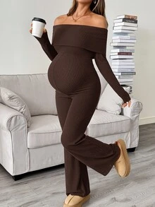 SHEIN Maternity Solid Color Off-Shoulder Casual Daily Wear Jumpsuit - Brown - View 7