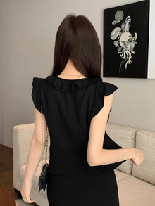 Joudiya 春夏短袖襯衫，荷葉邊飾邊，拼接繫帶前襟設計，優雅時尚襯衫，適用婚禮、宴會、派對、晚裝、通勤 - 黑色 - 查看 3