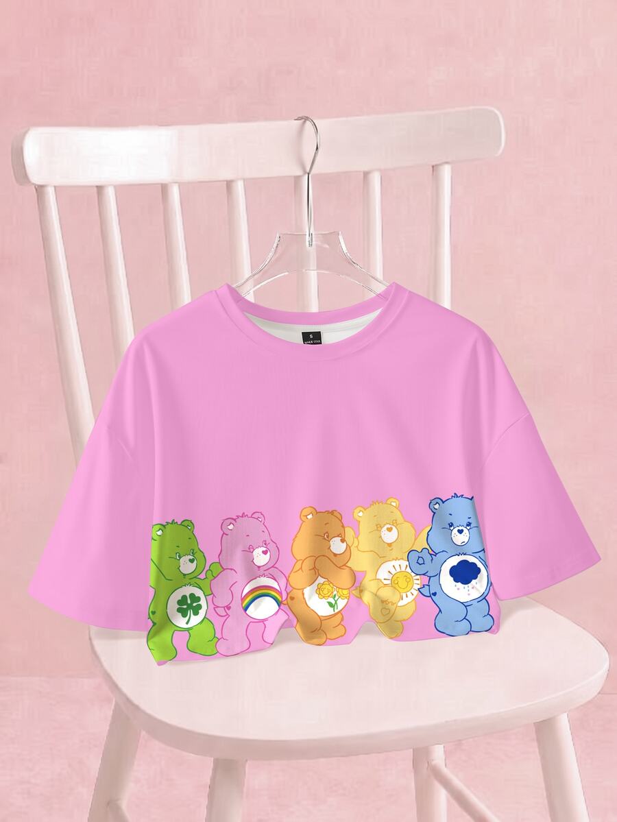 SHEIN X Care Bears 女款卡通印花圓領短版T恤 - 白色 - 查看 1