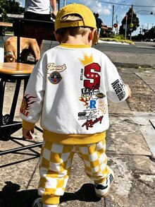 嬰兒幼兒圓領休閒舒適長袖衛衣與長褲套裝，保暖內裡加厚經典酷 S 皇冠圖案印花，帥氣棋盤格圖案印花，適合秋冬，背面圖案印花 - 彩色 - 查看 2
