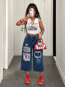 BamGleam Women's Sexy Button Pocket Distressed Loose Denim 7/8 Pants - Dark Wash - View 8