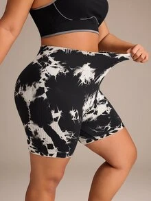 SHEIN Rhythm Era Women's Plus Size Tie-Dye Colorblock High Neck Sports Shorts - Black - View 5