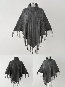 Sunspun Women's Plus Size Dark Tassel High Neck Batwing Sleeve Pullover Sweater - Dark Grey - View 7