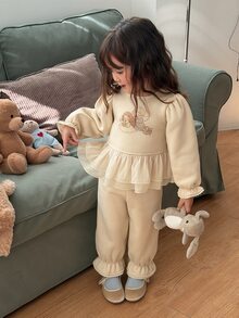 DAZY Infant Girl Round Neck Mesh Patchwork Casual Cartoon Print Sweatshirt Set - White - View 1