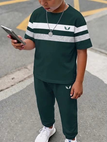 青少年男孩休閒舒適時尚極簡圓領短袖T恤與長褲套裝 - 彩色 - 查看 6