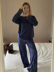 DAZY Women's Solid Color Long Sleeve Top And Striped Long Pants Casual Daily Home Sleepwear Set - Navy Blue - View 6