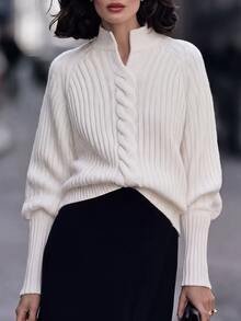 Balvessa Women's Solid Color Casual Versatile Daily Wear Long Sleeve Sweater - White - View 1