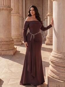 Coutiva Plus Size Elegant Luxury Rhinestone Pleated Off-Shoulder Evening Gown Dress - Coffee Brown - View 6