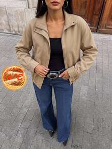 SHEIN BASICS Women's Street Fashion Casual Button Pocket Long Sleeve Jacket Everyday Travel Khaki Autumn Fall/Winter Winter Warmth - Khaki - View 7