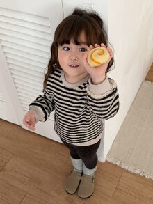 DAZY Infant (Girl) Round Neck Striped Korean Style Long Sleeve Sweatshirt Set - Apricot - View 2