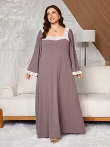 Lacomfia Plus Size Women's Contrast Lace Square Neck Long Sleeve Elegant Dress - Pink - View 7
