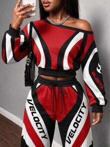 Slaydiva Women's Casual One Shoulder Sweatshirt & Straight Leg Sweatpants Two Pieces Set, Streetwear, Racing Outfit - Multicolor - View 8