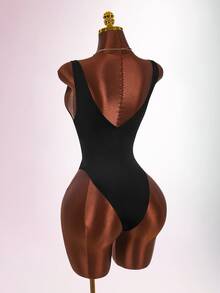 Amplova Women's Solid Color Deep V-Neck Sleeveless Sexy Bodysuit - Black - View 1