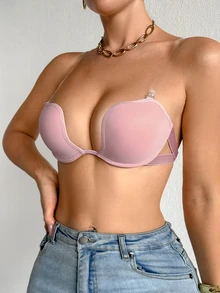SHEIN 女款素色休閒日常透明肩帶內衣 - 粉色 - 查看 5