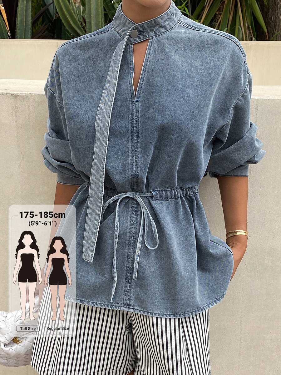 Livesso Tall Women's Pleated Casual Versatile Daily Denim Top - Light Wash - View 1